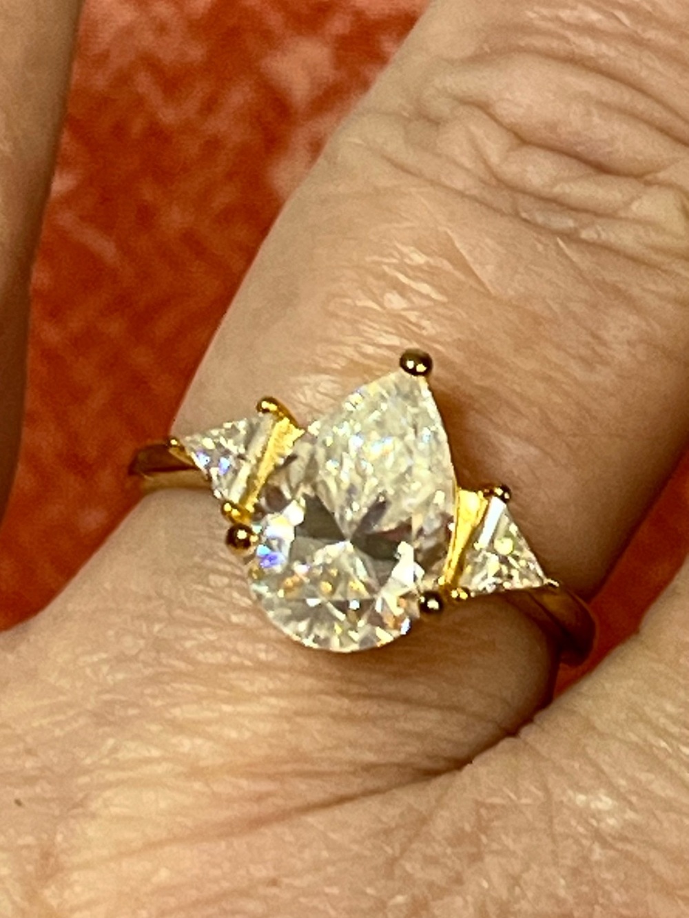 Gold over 925 SS Pear-Cut Moissanite Three-Stone 6.26 ctw Ring  Sz 9